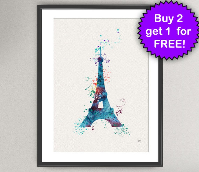 Puede incluir: Una pintura de acuarela de la Torre Eiffel en tonos azules, verdes y morados. La torre est&aacute; rodeada de salpicaduras de pintura de colores.