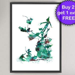 May include: Watercolor painting of Peter Pan and the Lost Boys flying over a pirate ship. The painting is in shades of green and blue.