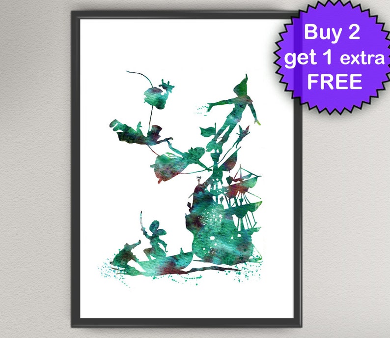 May include: Watercolor painting of Peter Pan and the Lost Boys flying over a pirate ship. The painting is in shades of green and blue.