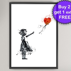 May include: Black and white watercolor painting of a girl reaching out to catch a red heart. The heart is floating in the air with a trail of watercolor splatters.
