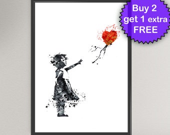 Globo chica acuarela arte impresión casa de banksy cálido regalo novia regalo graffiti pared arte regalo decoración cartel de arte casero (11-no2)