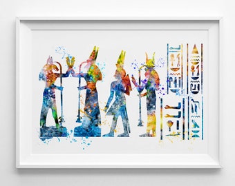 Egyptian Hieroglyphs Watercolor Art Print Egyptian God of Ancient Egypt Ink Painting Art Print Papyrus Wall Egyptian (29-Nº8)