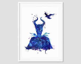 Maleficent watercolor Disney Sleeping Beauty Print art for kids Art nursery Wall Gift Poster Decor Art Home Disney princess (30-Nº8)