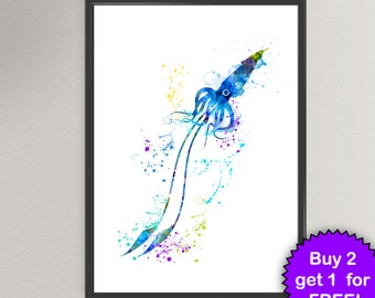 SQUID Watercolor Art Print Sea Life Ink Painting Underwater illustrations Art Print Wall Art Poster Giclée Wall Decor Art Home (46-Nº1)