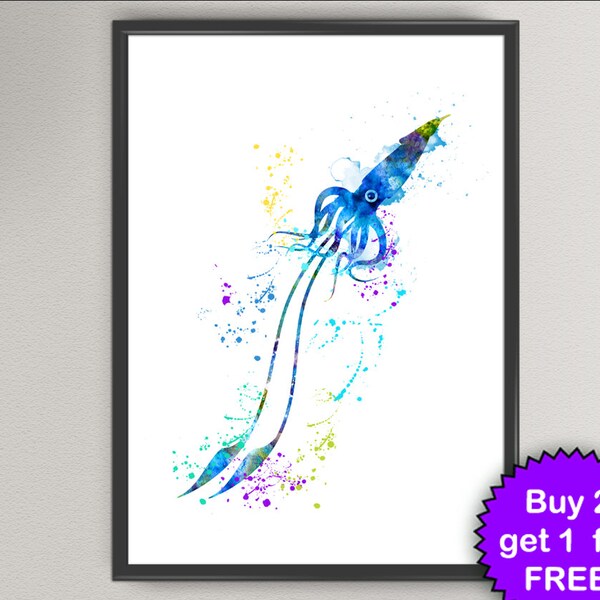 SQUID Watercolor Art Print Sea Life Ink Painting Underwater illustrations Art Print Wall Art Poster Giclée Wall Decor Art Home (46-Nº1)