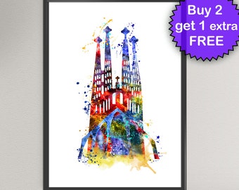 Sagrada Familia GAUDI acuarela arte impresión Barcelona Gaudí Arte Español Europa tinta arte impresión pared arte cartel pared decoración hogar (48-No1)