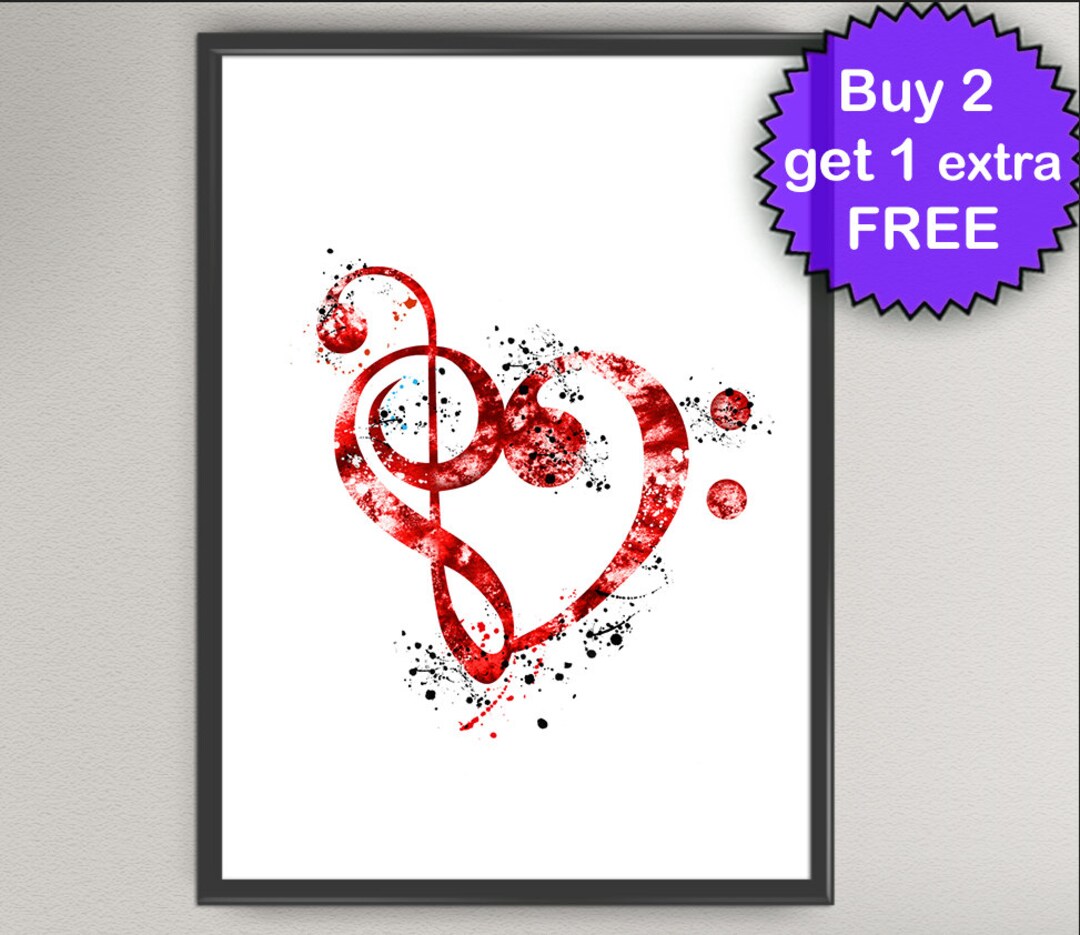Treble and Bass Clef Love Heart Sign Watercolor Art Print Music Treble ...