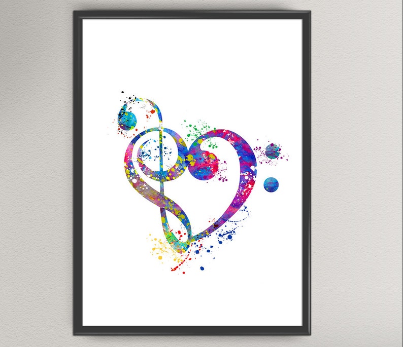 Treble and Bass Clef Love Heart Sign Watercolor Art Print Music Treble ...