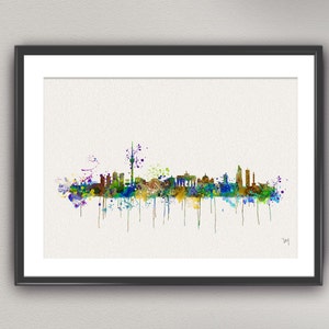 May include: A watercolor painting of the Berlin skyline with colorful splashes of paint. The painting features iconic landmarks like the Brandenburg Gate and the Berlin TV Tower.