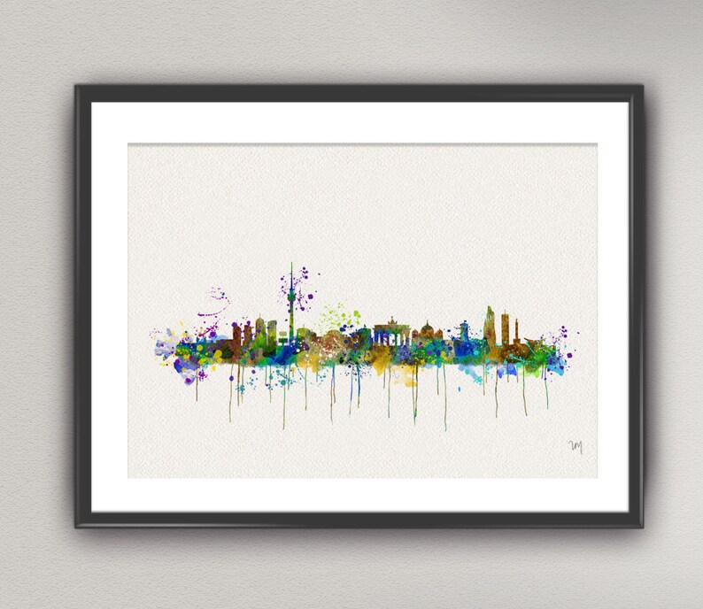 May include: A watercolor painting of the Berlin skyline with colorful splashes of paint. The painting features iconic landmarks like the Brandenburg Gate and the Berlin TV Tower.