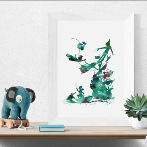 May include: A watercolor painting of Peter Pan and Captain Hook flying over a pirate ship. The painting is in shades of green and blue.