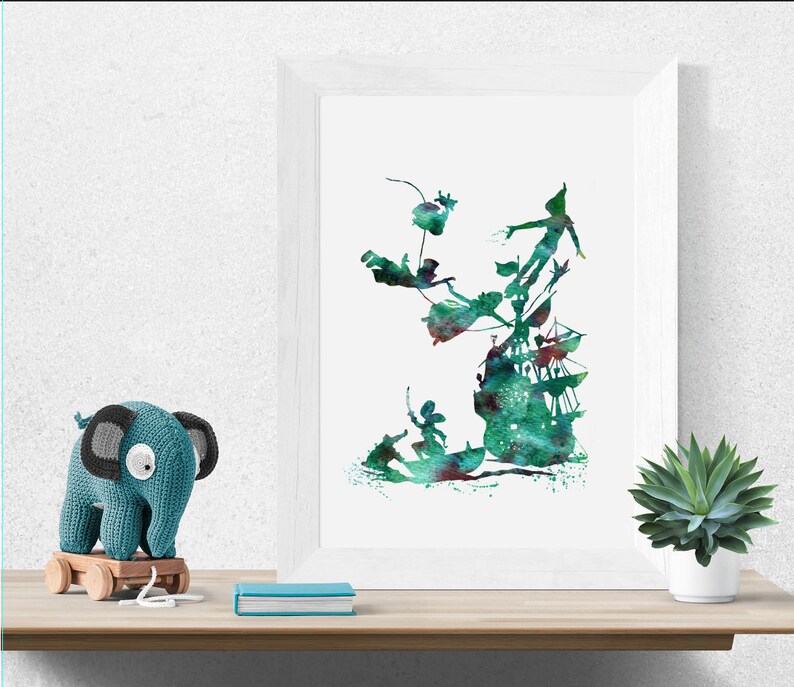 May include: A watercolor painting of Peter Pan and Captain Hook flying over a pirate ship. The painting is in shades of green and blue.