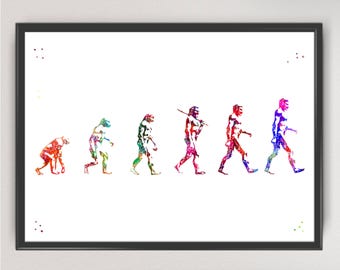 Evolution of Human Print Aquarelle Ape evolution Art Print Human Skull Biology Print Science Art Print Human Art Wall Art (Cie21-N33)