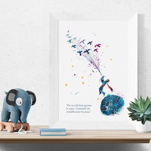Mały Książę latający z ptakami planeta Akwarela Druki Dziecięce plakat sztuka Le Petit Prince akwarela ilustracja (56-Nº4)