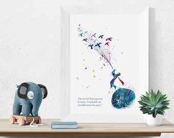 The Little Prince flying with birds planet Watercolor Prints Nursery Kids poster art Le Petit Prince watercolor illustration (56-Nº4)