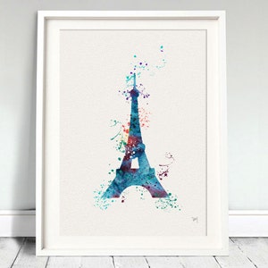 Puede incluir: Una pintura de acuarela de la Torre Eiffel en tonos azules, morados y verdes. La torre est&aacute; rodeada de salpicaduras de acuarela de colores.