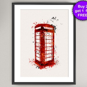 May include: A red watercolor painting of a classic British telephone booth with the word "TELEPHONE" above the door. The booth is surrounded by red and black watercolor splatters.
