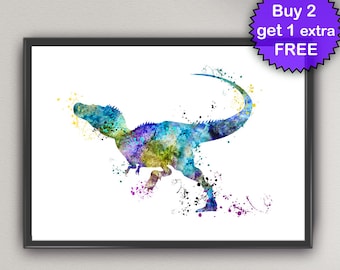 Impresión artística de acuarela de dinosaurio Velociraptor, regalo de cumpleaños para niños, impresión artística para dormitorio infantil, póster de pared para guardería, decoración de pared Giclée para el hogar (6-Nº6)