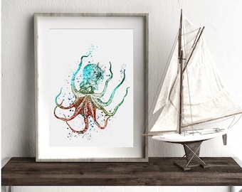 Octopus Print Watercolor Art Print Sea Life Ink Painting Underwater Octopus Art Print Wall Art Poster Giclée Wall Decor Art Home (46-Nº5)