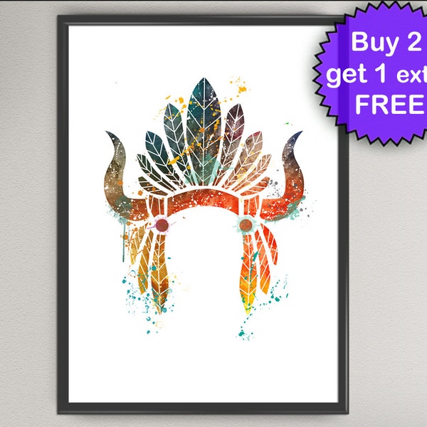 Native American Headdress Indian Aquarelle Art Print Native Dreamcatcher Art Poster Print Ink Painting Wall Art Poster Giclée (51-Nº9)