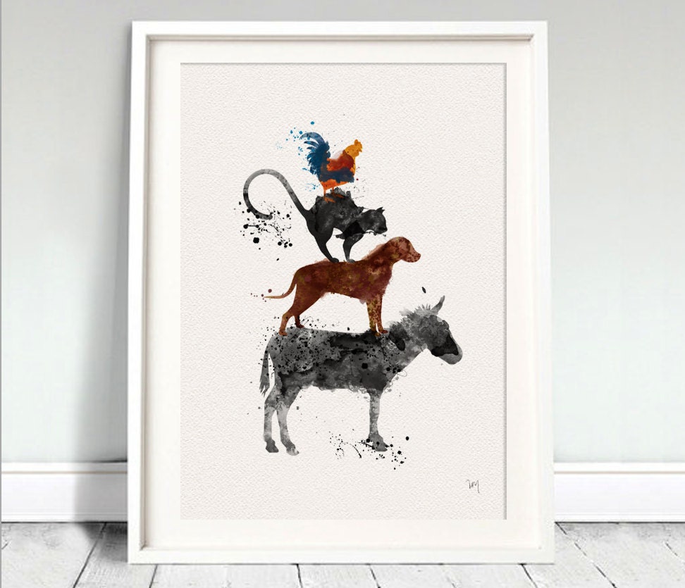 アート・デザイン・音楽 Samozveri: Selbst gemachte Tiere BREMEN Town MUSICIANS Watercolor Art Print Donkey Dog Cat Rooster