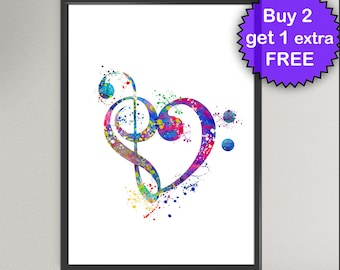 Treble and Bass Clef Love Heart Sign Watercolor Art Print Music