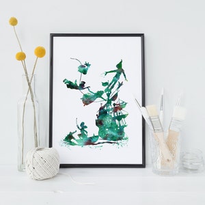 May include: A watercolor painting of Peter Pan and Captain Hook flying over a ship. The painting is in shades of green and blue.
