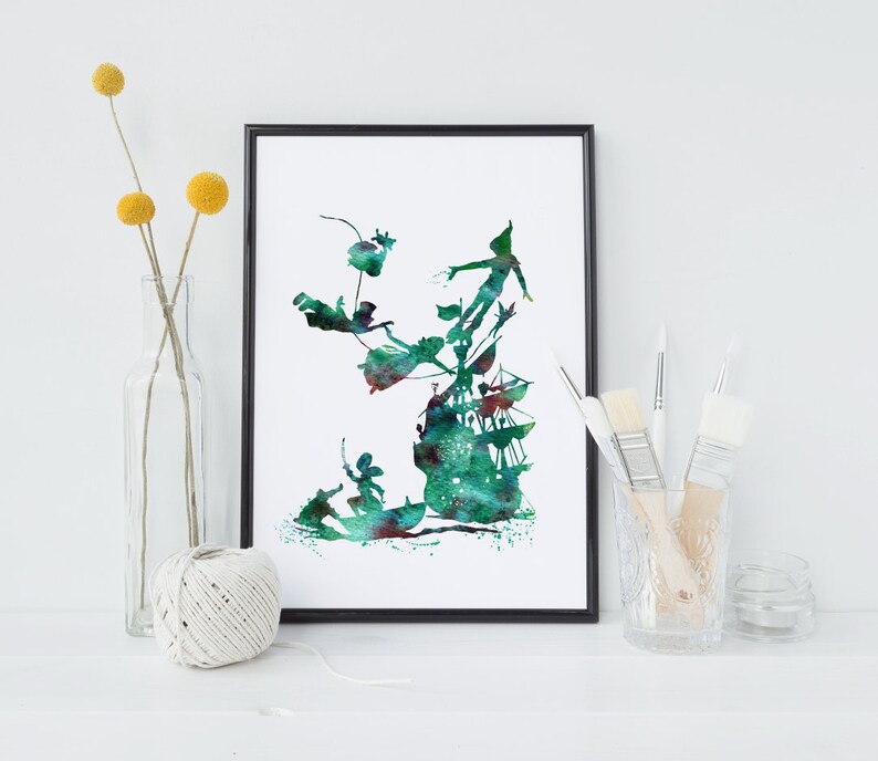 May include: A watercolor painting of Peter Pan and Captain Hook flying over a ship. The painting is in shades of green and blue.
