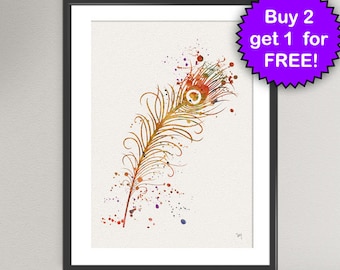 PEACOCK FEATHER Watercolor Art Print Birthday Decor Gift Bedroom Wall Hang Valentines Gift Home Art Poster Giclée Wall Decor Home (55-Nº1)