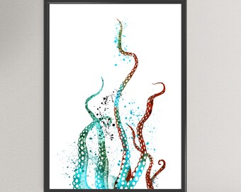 Octopus Tentacles Watercolor Art Print Sea Life Ink Painting Underwater Illustrations Art Print Wall Art Poster Wall Decor Art Home (46-Nº6)