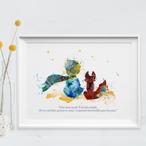 The little prince and the fox watercolor Art Print Le Petit prince Poster Only With The Heart Quote Art for Kids Art Wall (56-Nº17)