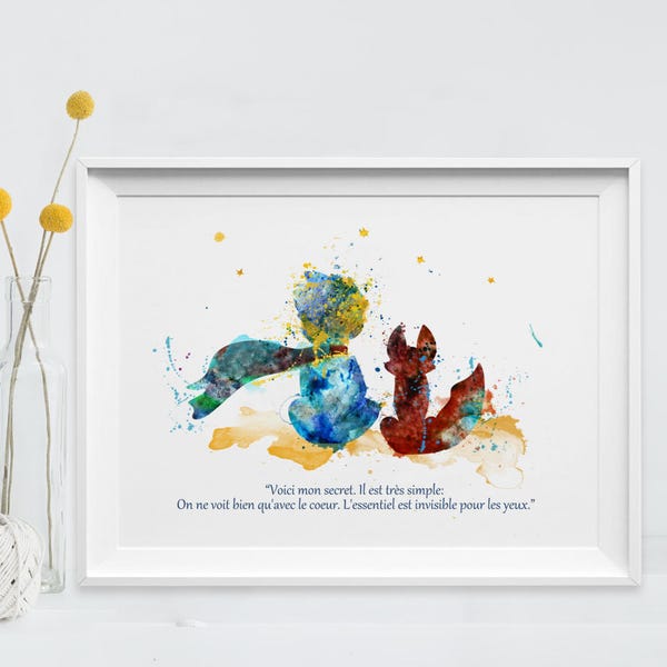 Le Petit Prince et le renard aquarelle Art Print Le Petit prince Affiche seulement avec la citation du coeur Art pour enfants Art Wall (56-Nº17)