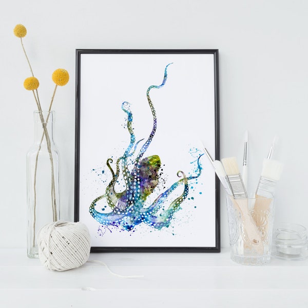 OCTOPUS Watercolor Art Print Sea Life Ink Painting Underwater illustrations Art Print Wall Art Poster Giclée Wall Decor Art Home (46-Nº4)