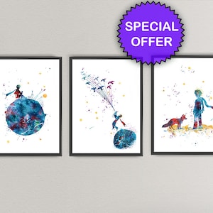 Il piccolo principe Stampe Set di tre stampe artistiche ad acquerello Confezione di stampe artistiche per bambini Set colorato di stampe ispirate alla pittura Principe e volpe da parete (56)