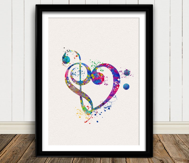 Treble and Bass Clef Love Heart Sign Watercolor Art Print Music Treble ...