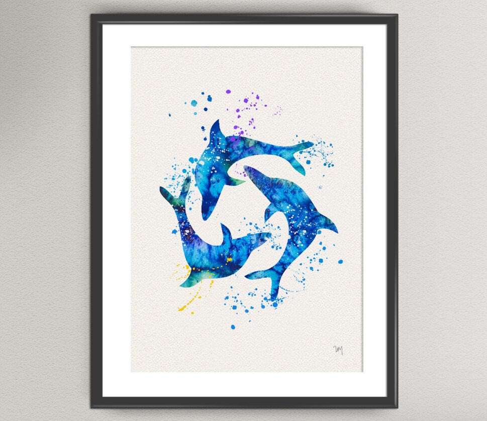 DOLPHIN Watercolor Art Print Sea Life Ink Painting Underwater ...