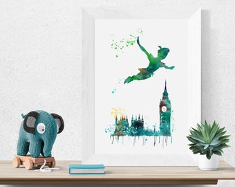 PETER PAN Watercolor Prints Ink Disney Art Prints Art Print Wall Gift Decor Poster Wall Decor Art Home Decor colorful art (54-Nº4)