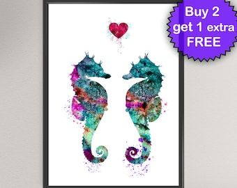 MARHORSE AMOR acuarela arte impresión de la vida del mar tinta pintura submarina ilustraciones arte impresión pared arte cartel Giclée pared decoración arte (46-no2)