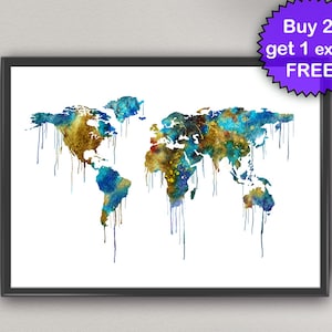 WORLD MAP Watercolor Art Print Countries Ink Painting illustrations Art Print Wall Art Poster Giclée Wall Decor Art Home vintage (49-Nº3)