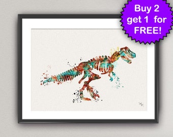 恐竜の骨 T-Rex 水彩アートプリント ティラノサウルス レックス スケルトン インク 寝室装飾 子供用アートプリント 壁ポスター 装飾 ホーム (6-Nº10)