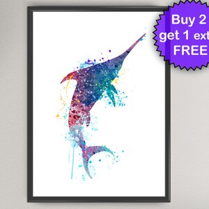 Impresión artística de acuarela de pez espada, vida marina, tinta, regalo de cumpleaños, impresión artística submarina, póster de arte de pared, decoración de pared Giclée, arte para el hogar (46-Nº2)