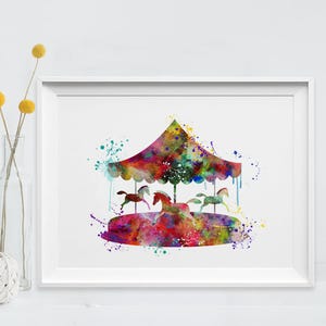Carousel Horse Print Watercolor Art Carousel Park Print Watercolor Nursery Print Wall Decor Child Gift Kids Gift Kids Decor Print (22-Nº1)