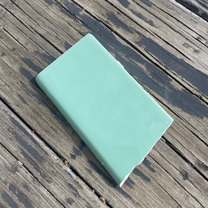 Op de afbeelding: Een rechthoekige keramische tegel met een gladde, matte afwerking in een effen licht saliegroene kleur. De tegel is voorzien van een licht afgeronde, bullnose rand langs een van de lange zijden voor een nette afwerking bij installatie.