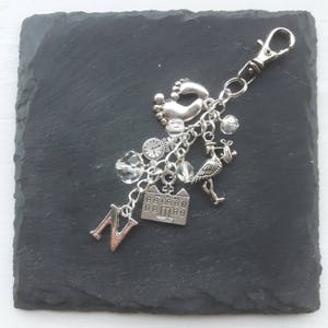 May include: Silver charm keychain with a variety of charms, including a baby foot, a stork, a clock, a building with the word "Hospital" on it, and the letter "N".