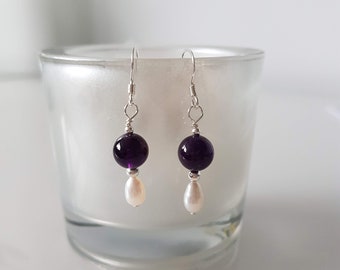 Amethyst and pearl earrings - Amethyst dangle earrings - sterling silver earrings