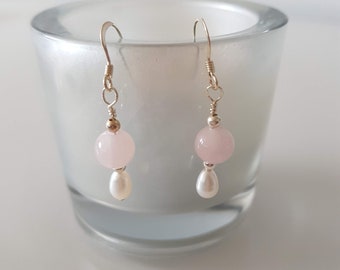 Rose quartz and pearl sterling silver earrings