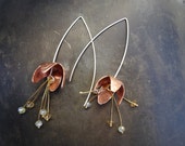 LONG COPPER FLOWERS -  Floral long dangle earrings - Elegant domed flower metalwork earrings with dangling crystals - Long flower earrings