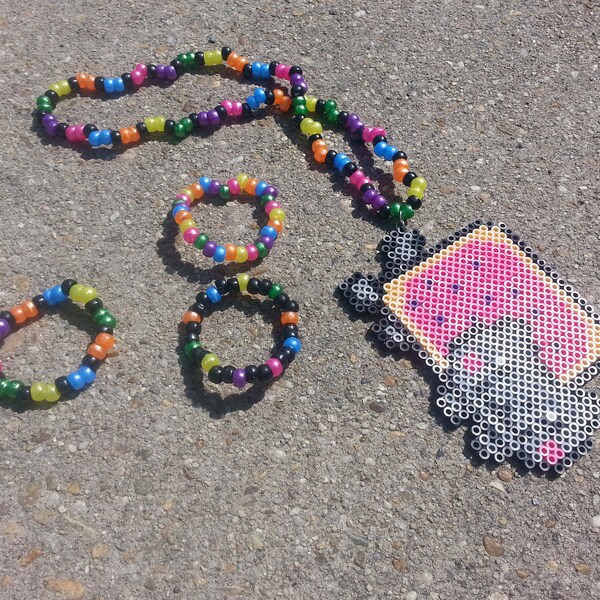 Kandi Necklace and Bracelet Bundle ~ Poptart Kitty Inspired  Kandi Necklace ~ Rave Jewelry