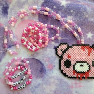 Kandi Necklace and Bracelet Bundle ~Pink Kawaii Bloody Bear Necklace ~ Rave Jewelry