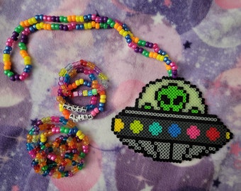 Kandi Necklace and Bracelet Bundle ~ Raver Space Alien in UFO Necklace ~ Rave Jewelry